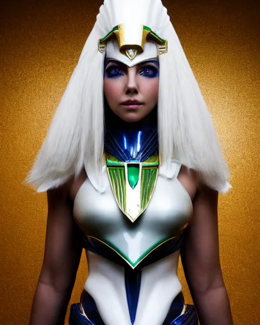 Image similar to perfect white haired attractive egyptian goddess with green eyes, warframe armor, pharaoh headdress, beautiful, symmetric, dreamy, half asian, pretty face, charlize theron, detailed, scifi platform, laboratory, experiment, 4 k, ultra realistic, epic lighting, android body, illuminated, cinematic, masterpiece, art by akihito tsukushi, voidstar