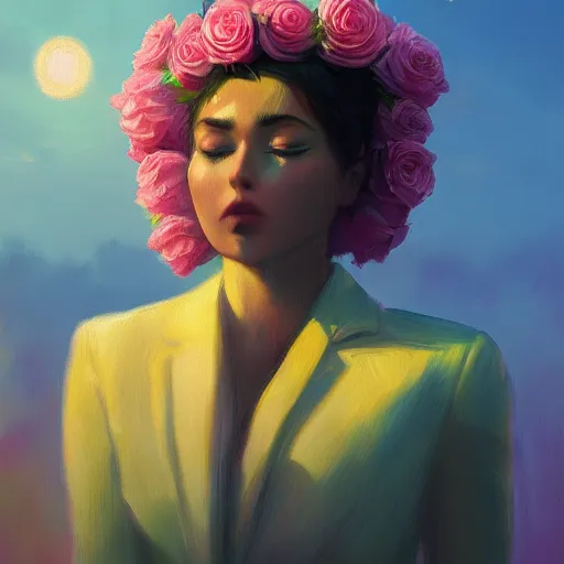 Prompt: closeup, large rose flower head, frontal, girl in a suit, surreal photography, sunrise, dramatic light, impressionist painting, digital painting, artstation, simon stalenhag