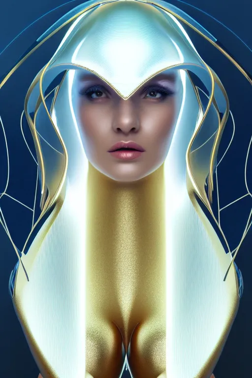 Prompt: detailed portrait ultra glam cyber noun, attractive feminine curves, intricate, scifi, futuristic, elegant cape, elegant, alien room background, white, blue, gold, photorealism, trending on artstation, holy halo, advanced technology, art by moebius and vitaly bulgarov and chanthara