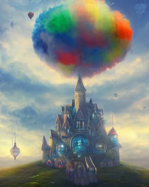 Image similar to flying cloud castle, buildings, baloons, atmosphere, glow, detailed, full of colour, cinematic lighting, trending on artstation, 4 k, hyperrealistic, extreme details, bright, blue sky, cloudy, fantasy, masterpiece, art by wylie beckert