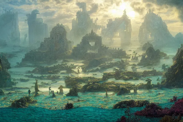 Prompt: a scenic landscaping view of the lost city of Atlantic city under water, ray of sunlight, mermaids in distance, Greg Rutkowski, Moebius, Mohrbacher, Mucha, blue and gold color scheme