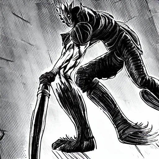 Image similar to pose of guts from berserk in the style of kentaro miura ’ s black and white manga art