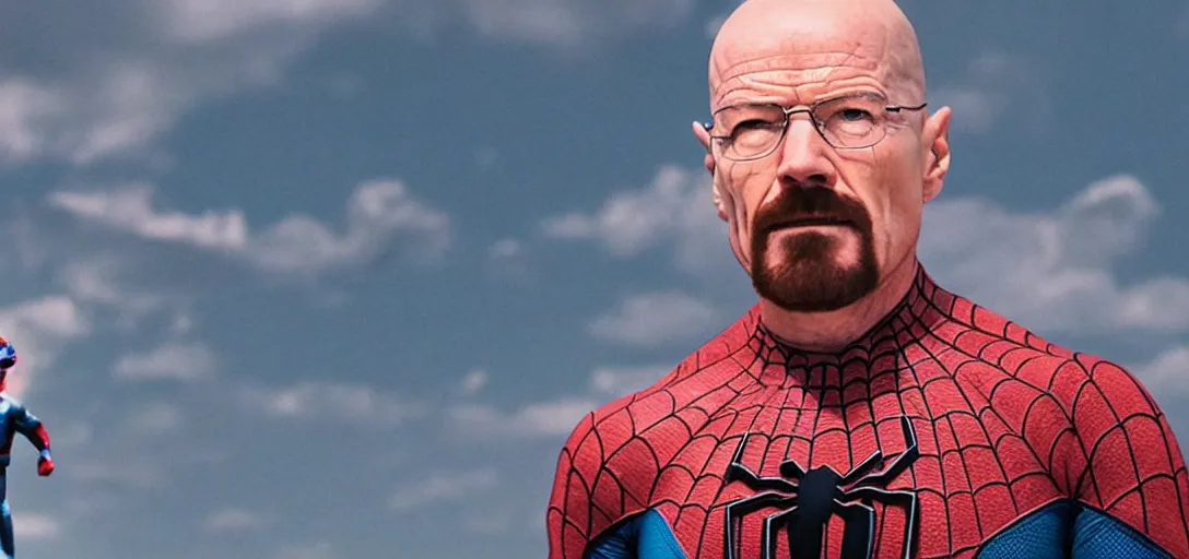 Prompt: Walter White as Spider-Man standing in front of a mountain of blue meth, film still, wide-shot, full shot, cinematic lens, heroic portrait