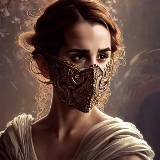 Prompt: a photorealistic dramatic fantasy render of a beautiful woman emma watson wearing a beautiful intricately detailed mask and clasical dress by wlop, artgerm, greg rutkowski, alphonse mucha, epic, beautiful dynamic dramatic dark moody lighting, shadows, cinematic atmosphere, artstation, concept design art, octane render, 8 k