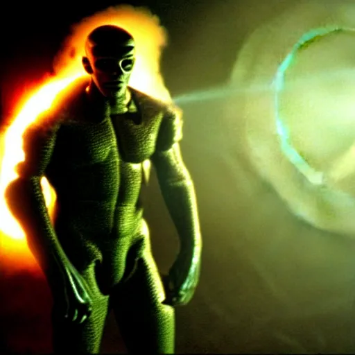 Image similar to thing from fantastic four as a soldier, still from the movie universal soldier, fog, dramatic lighting