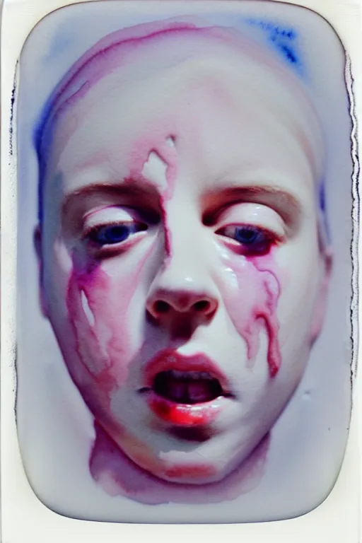 Image similar to watercolor, a liquid white clay porcelain portrait of a face melt down flow go runny, body painted with white thick fluid by marlene dumas, realistic detailed watercolor polaroid, grainy image, contrast