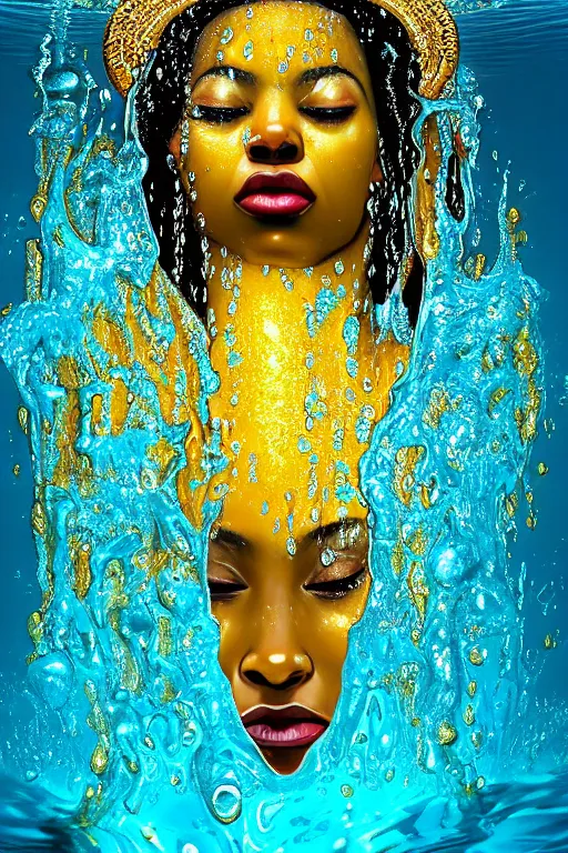 Image similar to hyperrealistic photorealist cinematic super expressive! oshun goddess immersed in water!, mirror dripping droplet, gold ornate jewely, highly detailed face, digital art masterpiece, smooth eric zener cam de leon, dramatic pearlescent turquoise light on one side, low angle uhd 8 k, shallow depth of field