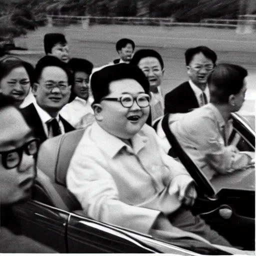 Prompt: 1960s press archive of middle-aged Kim Jong-il coming out of a car, face obscured, Reuters, 35mm film, film grain, mysterious exterior, underexposed