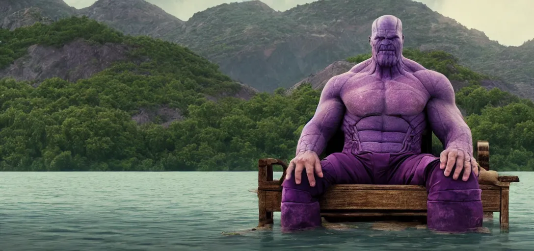 Prompt: a very high resolution image from a new movie. thanos sitting on chair in a lake, photorealistic, photography, directed by wes anderson