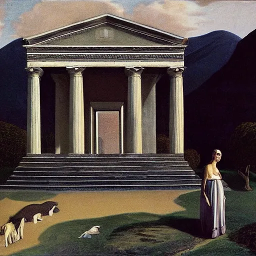 Image similar to a woman in a long dark blue dress is standing in front of a greek temple, by carel willink