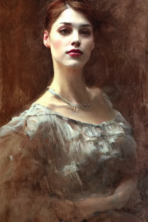 Image similar to Richard Schmid and Jeremy Lipking victorian genre painting full length portrait painting of a young beautiful woman victorian rich dancer