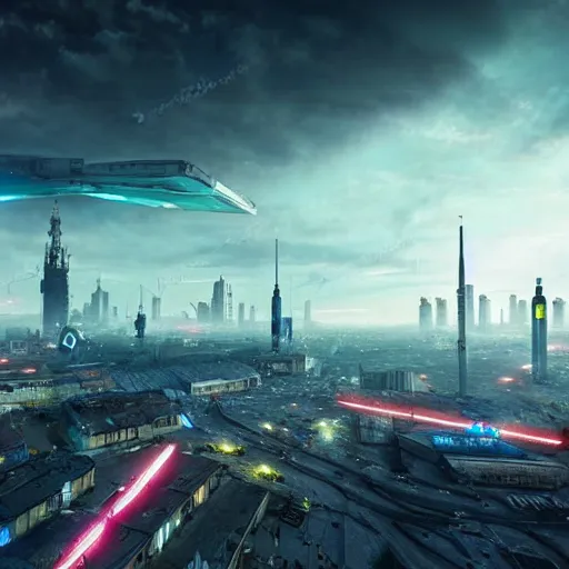 Image similar to Futuristic Cyberpunk Cracow town Poland from future star wars, dramatic lighting , insanely detailed, art station, 8K HD resolution , dramatic lighting, thunders