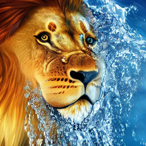 Image similar to a male lion's face breaching through a wall of water, headshot, water sprites, splashing, deep blue ocean, highly detailed, realistic digital art, trending on artstation