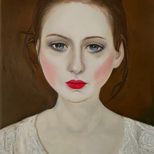 Prompt: oil portrait of a beautiful pale - skinned girl, in a white lace blouse, with black hair and short bangs, the corners of the eyes are turned down, small nose with piercing and a ring is inserted, brown eyes, long eyelashes, plump lips