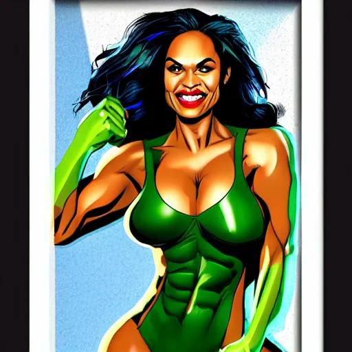 Image similar to Actress Rosario Dawson as She-Hulk, smiling, poster framed, comic pinup style, sports illustrated, detailed legs, artstation, illustration, posterized, Roge Antonio, Jen Bartel