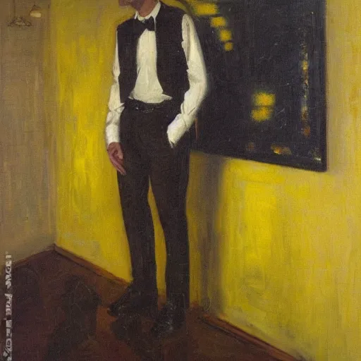 Image similar to man in yellow room, black suit, dean cornwell style