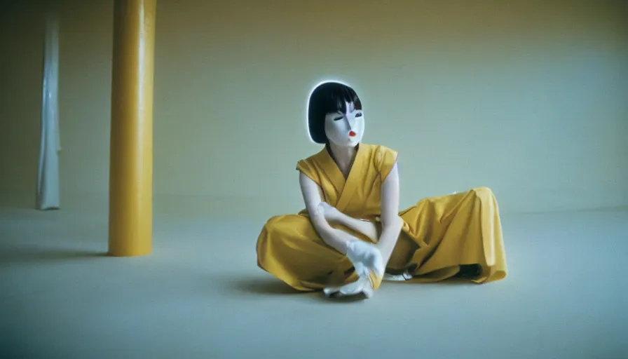 Image similar to 60s movie still of a white female japanese phantom in a yellow ballroom with light blue beds, cinestill 800t 35mm technicolor, heavy grain, high quality, higly detailed, liminal space style