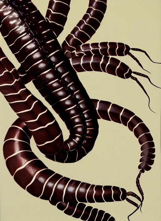 Image similar to beautiful matte airbrush portrait of scolopendra white a lot legs on a white background, 8 0's airbrush aesthetic, art by pater sato