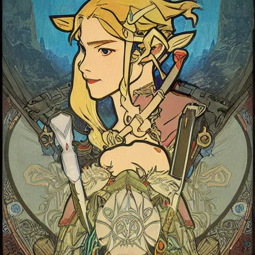 Image similar to a painting of The Legend of Zelda: Breath of the wild by mucha