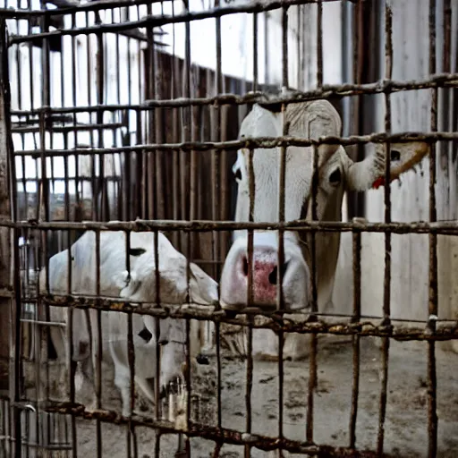 Image similar to dirty bottle of milk and a cow inside a cage, inside slaughterhouse