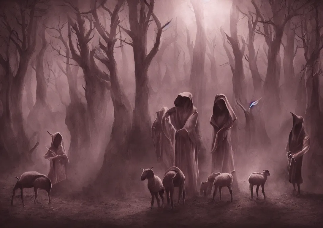 Prompt: lamb cultist digital art, deep crimson and dark shadows, black background, ambient glow, hooded lamb people