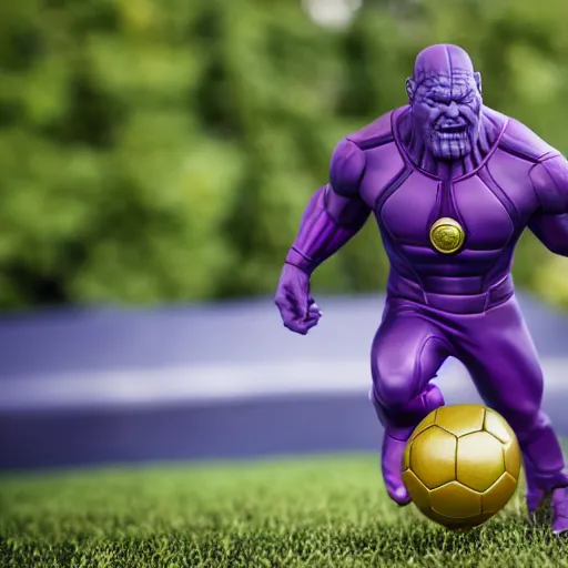 Image similar to thanos playing soccer, 4k, 55mm, close up shot