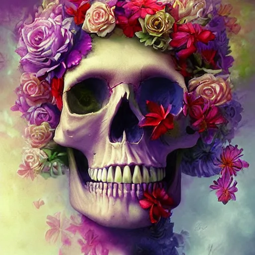 Prompt: colorful skull in flowers, by lise deharme, digital art, detailed masterpiece