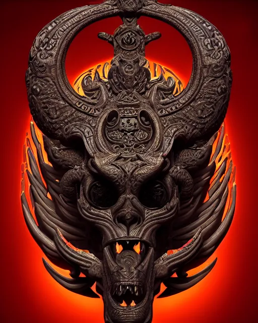 Image similar to 3 d ornate carved satan with tattoos profile portrait, sigma 5 0 0 mm f / 5. beautiful intricate highly detailed quetzalcoatl skull. bioluminescent, plasma, lava, ice, water, wind, creature, thunderstorm! artwork by tooth wu and wlop and beeple and greg rutkowski, 8 k trending on artstation