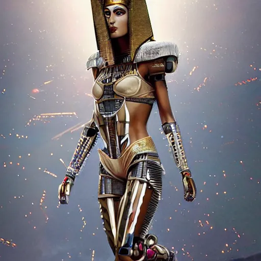 Image similar to full body portrait of the muscular Egyptian Android Pharaoh Queen, by DC comics and Sandra Chevrier and beeple, artstation, volumetric lighting and fog, hyperrealism, hyper detailed futuristic royalty, award winning costume design, cybernetic bionic ancient cyborg, fashion show runway, futuristic fine textures, woven with electricity, high fashion superpowers, floating dust particles, bokeh, mystic haze, 4k UHD, HDR