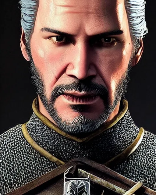 Image similar to Keanu Reevez in the role of Witcher III Gerald of Rivia, amazing short, ultra detailed