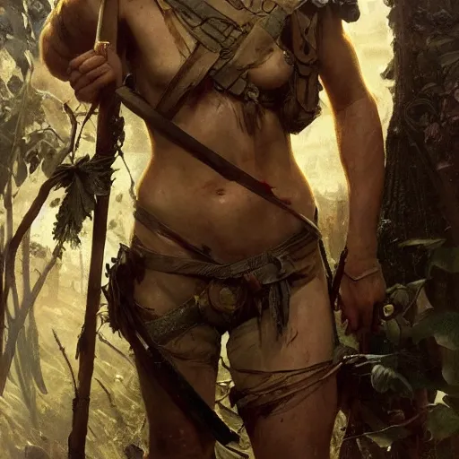 Image similar to the wounded amazon warrior on the bloody battlefield , hyper realistic, 4k, rule of thirds, extreme detail, detailed drawing, trending artstation, hd, fantasy, D&D, realistic lighting, by Alphonse Mucha, Greg Rutkowski, sharp focus