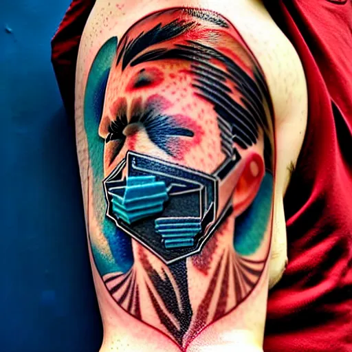 Image similar to a portrait of a man with side profile blood in ocean intricate details :: tattoo on neck :: oxygen mask by MARVEL comics and Sandra Chevrier