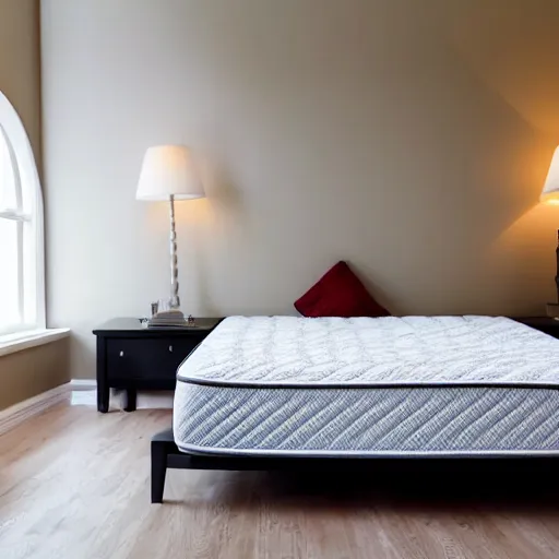 Image similar to Beautiful Photograph of a bedroom , a mattress stands against against the wall, wideshot, longshot, fullshot