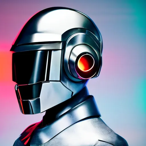 Image similar to daftpunk deluxe humanoid robots front head daftpunk curved screen displaying red glowing Error, his head shows a red glowing Error message, background dark, 40nm lens, shallow depth of field, split lighting, 4k,