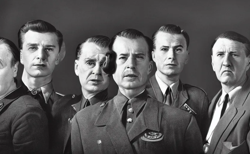Image similar to 50s movie still close-up portrait of three individual elder soviet marshal with very diverses faces in a stalinist style hall, by Irving Penn, Cinestill 800t 50mm black and white, heavy grainy picture, very detailed, high quality, 4k, HD criterion, precise texture, facial precision, diverse haircuts, diverse ages, each faces precisely define