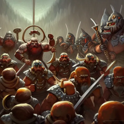 Image similar to painting of a single dwarven berserker facing a crew of crazy goblin warriors in deadly combat on a gladiator pit, sharp focus, high symmetry, award - winning, trending on artstation, masterpiece, highly detailed, intricate. art by eric deschamps