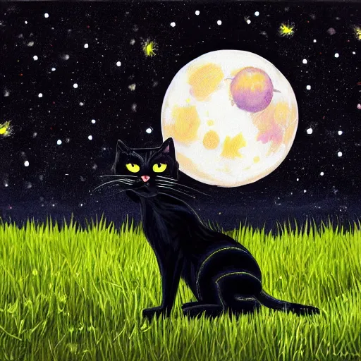 Image similar to black cat with glowing eyes looking up at the moon in a very dark open field at midnight with fireflies in the air and lots of stars in the sky, digital painting, highly detailed, magical, beautiful