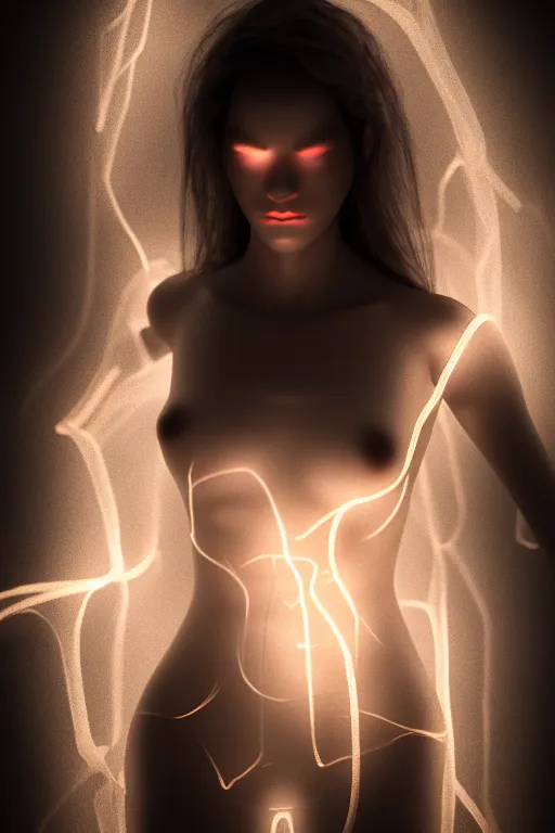 Image similar to a mesh female form composed of dark neurons and veins, see - through, subsurface illumination, cinematic, octane rander, photograph, 3 d, detail, character concept, portrait, dramatic volumetric lighting,