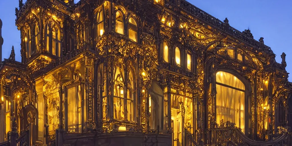 Image similar to extremely detailed ornate stunning sophisticated beautiful elegant victorian museum exterior by Henry Young Darracott Scott and Francis Fowke, stunning volumetric light, stainless steal, concrete, translucent material, beautiful sunset, tail lights