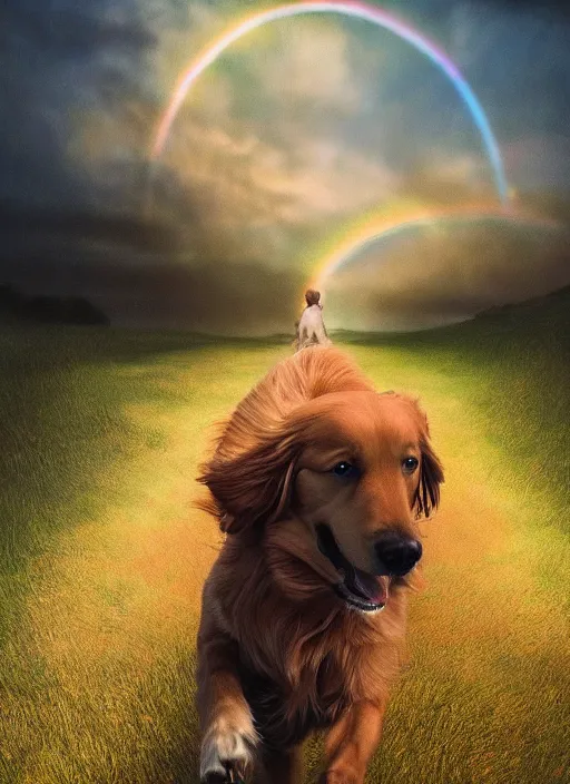 Prompt: a singular beautiful smiling dog running happily towards its owner, ethereal heavenly rainbow bridge in the background behind the dog, hyperreal, hyperdetailed, golden retriever, tall golden heavenly gates, amazing, stunning artwork, featured on artstation, cgosciety, behance