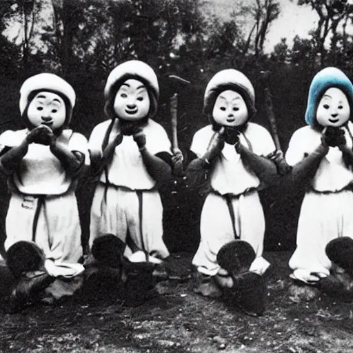 Prompt: old photo of smurfs wearing japanese soldier gear