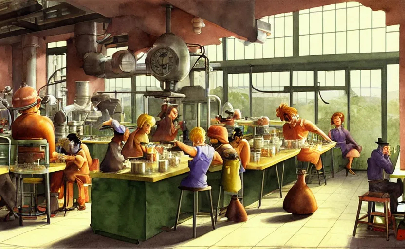 Prompt: cafe factory with breakfast and brunch, hyperrealistic watercolor cannabis land distillery laboratory. by rembrant, battle angel alita, ralph mcquarrie, aluminum, 1 6 6 7