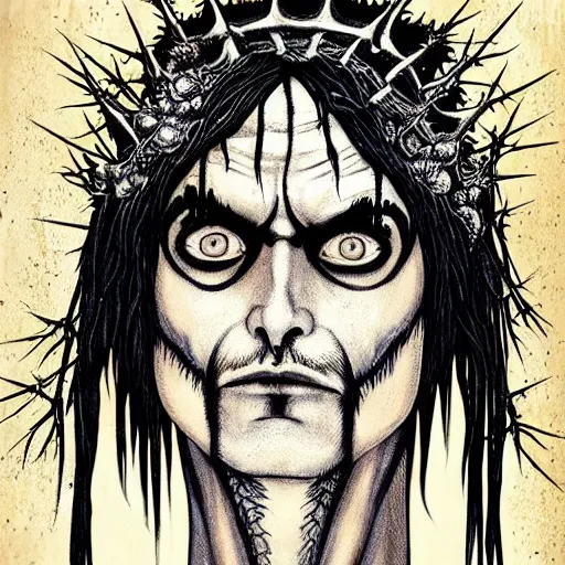 Prompt: detailed print of man wearing corpse paint and a crown on thorns with long black hair. Artwork by Junji Ito and dan Mumford