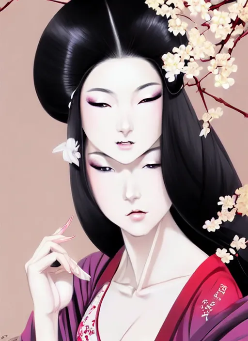 Prompt: glamorous and sexy Geisha, beautiful pale makeup, pearlescent skin, seductive eyes and face, elegant japanese woman, lacivious pose, very detailed face, seductive, push up bras, pale and coloured kimono, photorealism. anime masterpiece, official fanart behance hd artstation by Jesper Ejsing, by RHADS, Makoto Shinkai and ilya kuvshinov, rossdraws