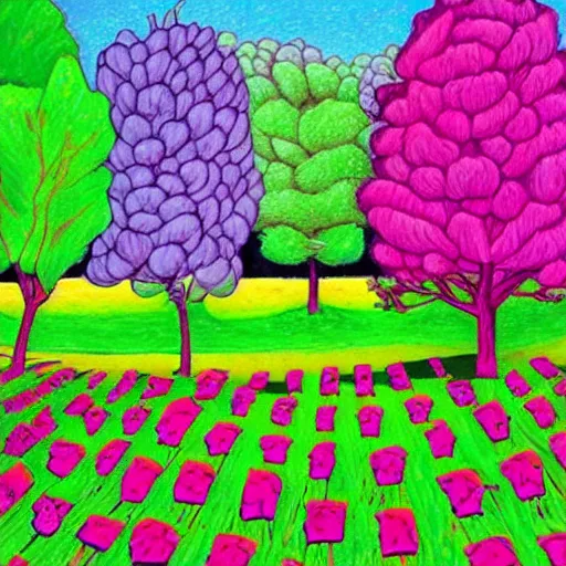 Prompt: chaotic by larry carlson color field paintingcubist, fuchsia. a beautiful drawing depicting a farm scene. the drawing shows a view of an orchard with trees in bloom.