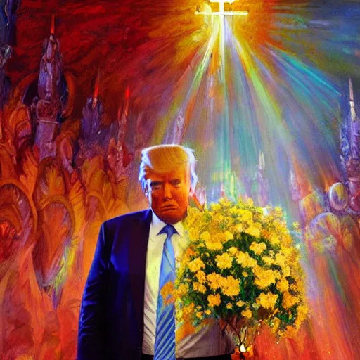 Image similar to a portrait of trump in flowers radiates holy light in the church,in the style of greg rutkowski,epic lighting,Fauvism style,Masterpieces,oil on canvas