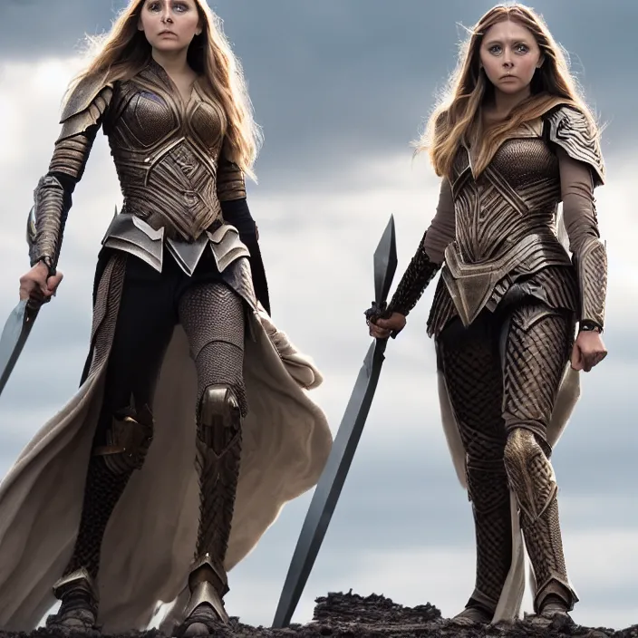 Image similar to professional full length photograph of elizabeth olsen as a valkyrie warrior. Extremely detailed. 8k