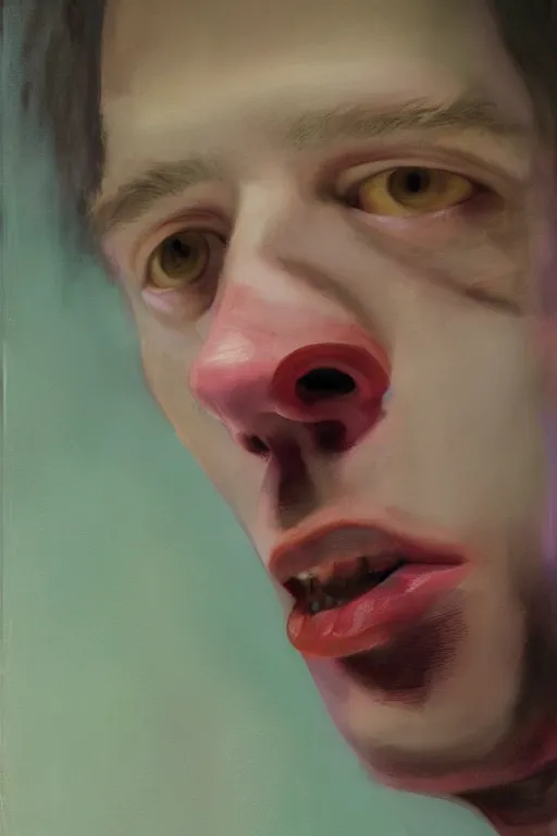 Prompt: todd solondz, a portrait of anorexic man, clear todd solondz face, dreaming of kissing a girl, sad and lonley, vivid colors, soft lighting, atmospheric, cinematic, moody, in the style of francis bacon and krenz cushart, oil on canvas, 8 k