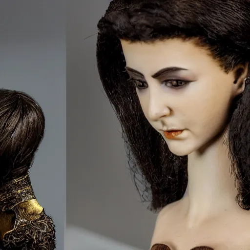 Image similar to photo taken of an epic intricate, ultra detailed, super realistic bust of a majestic gracious regal aristocratic brunette female vampire stop motion puppet created by weta workshop, menacing, some zoomed in shots, photorealistic, sharp focus, white wall, extremely cold blueish colour temperature, 3 5 mm, f 1. 4, golden ratio