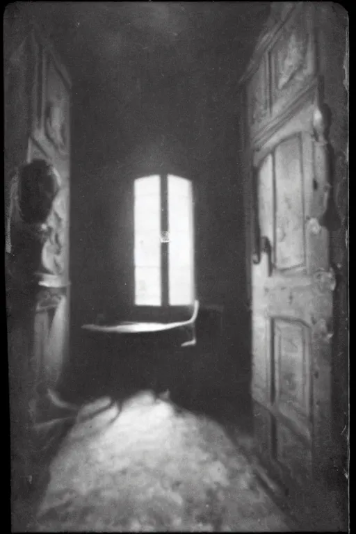 Image similar to Black and white camera obscura image of creepy room, 1910s paris, scary, horror, dark mood